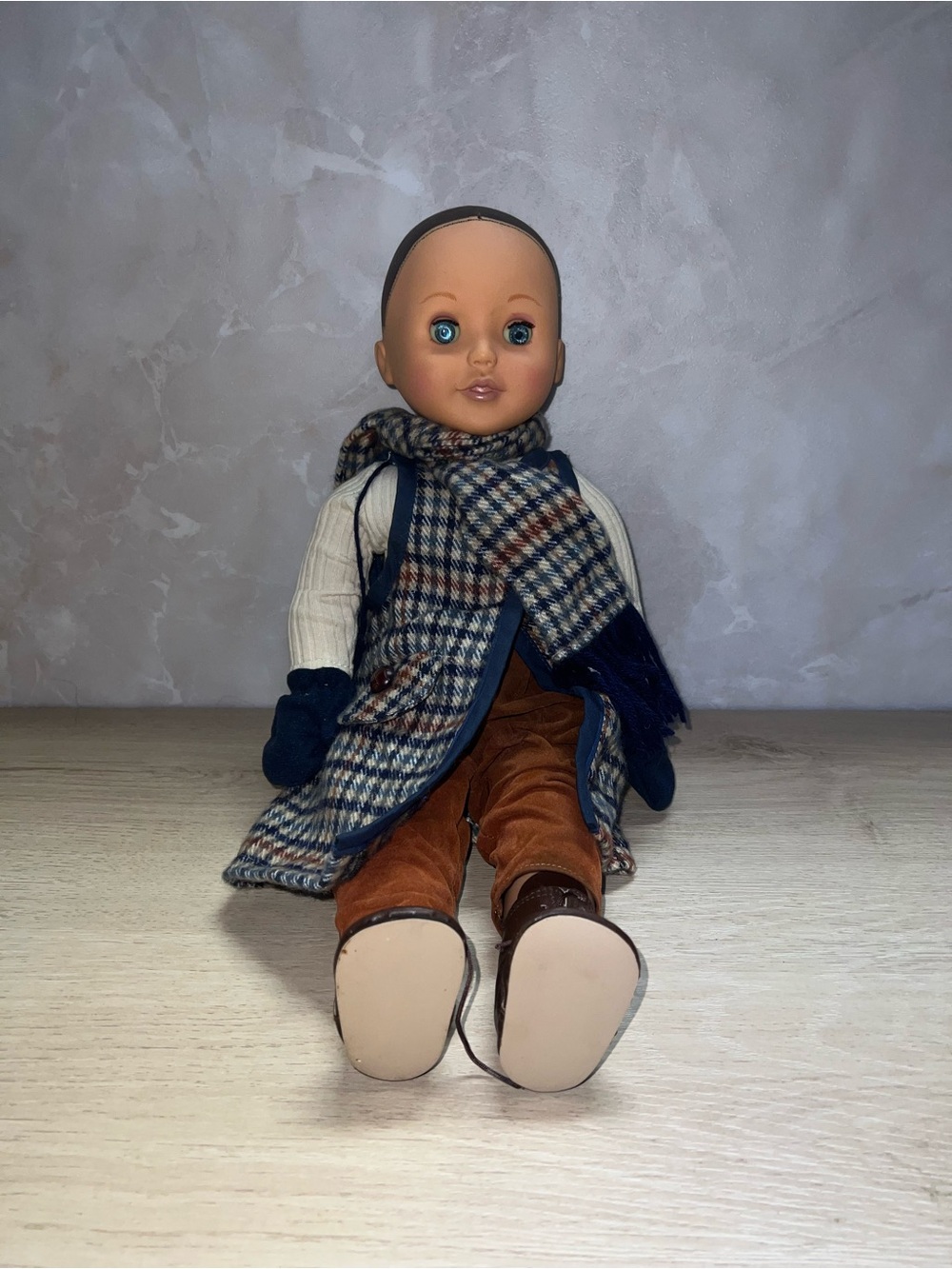 Vintage 17” Blue Eyed Doll in Original Winter Outfit Plaid Coat Boots